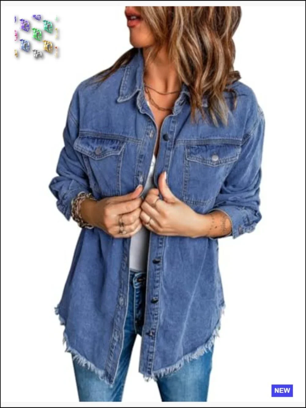 Oversized Button Up Frayed Hem Denim Jean Jacket Shacket Long Sleeve Pockets - Picture 2 of 7